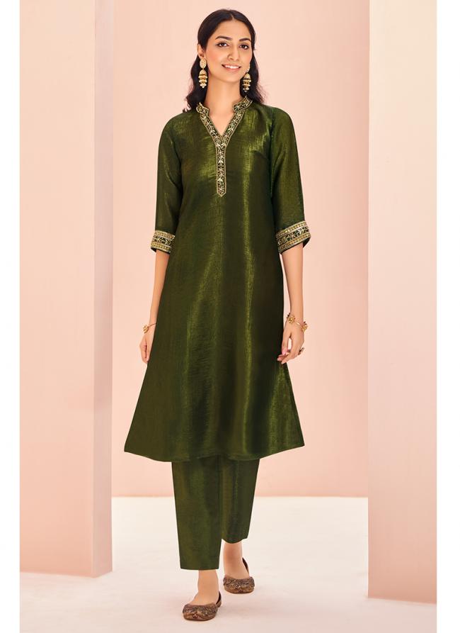 Organza Olive Green Party Wear Hand Work Readymade Kurti With Pant